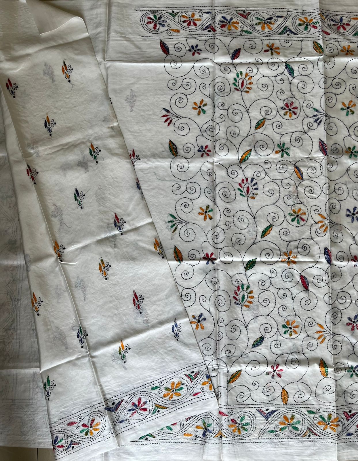 Kantha Hand Work Embroidered Art Silk Saree With Blouse