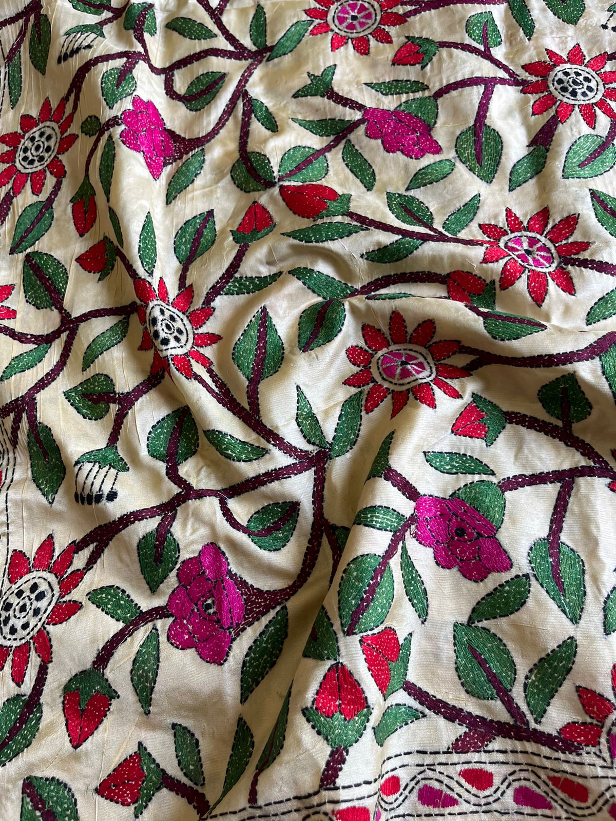 Kantha Stitch Hand Embroidary Full Work Blended Banglore Silk Dupatta 44″