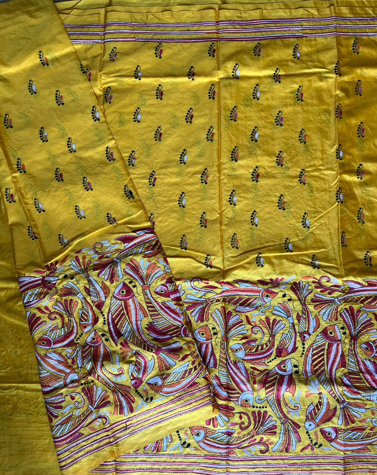 Kantha Hand Embroidered Blended Banglore Silk/Art Silk Saree With Blouse