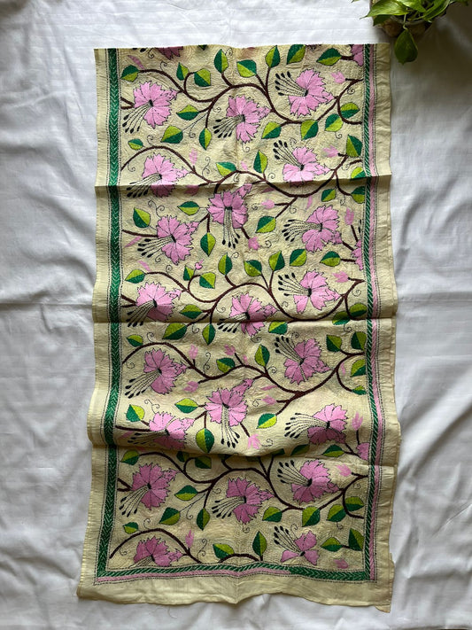 Nakshi Kantha Semi Tusshar silk Stole 22"