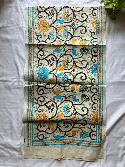 Nakshi Kantha Semi Tusshar silk Stole 22"