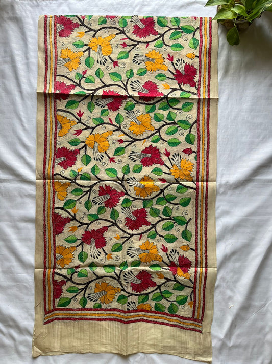 Nakshi Kantha Semi Tusshar silk Stole 22"