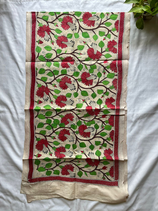 Nakshi Kantha Semi Tusshar silk Stole 22"