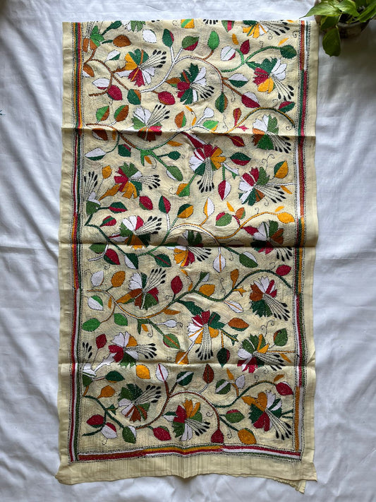 Nakshi Kantha Semi Tusshar silk Stole 22"