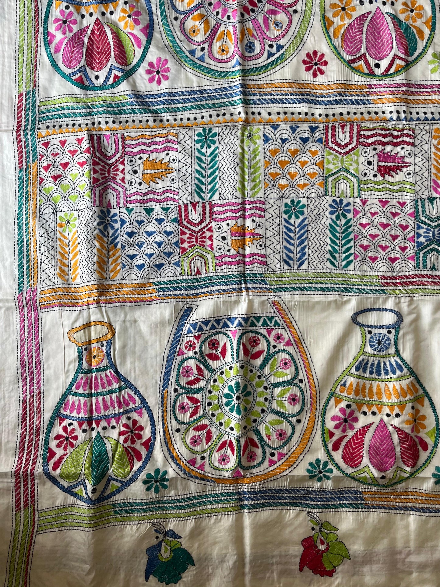 Kantha Stitch Hand Work Embroidered Art Silk Saree With Blouse