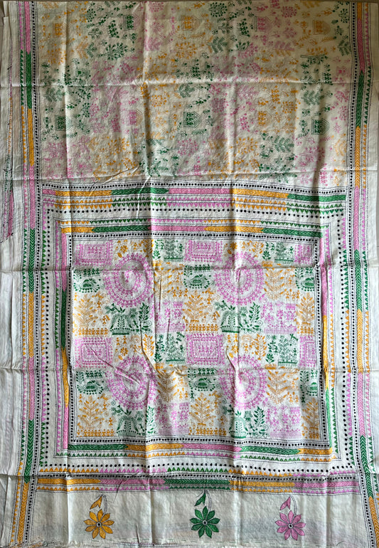 Kantha Stitch Hand Work Embroidered Art Silk Saree With Blouse