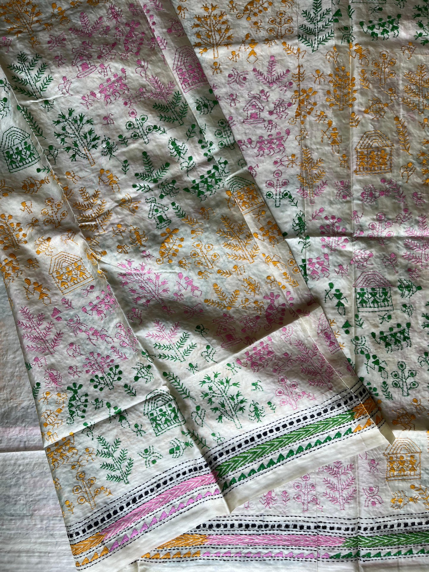 Kantha Stitch Hand Work Embroidered Art Silk Saree With Blouse