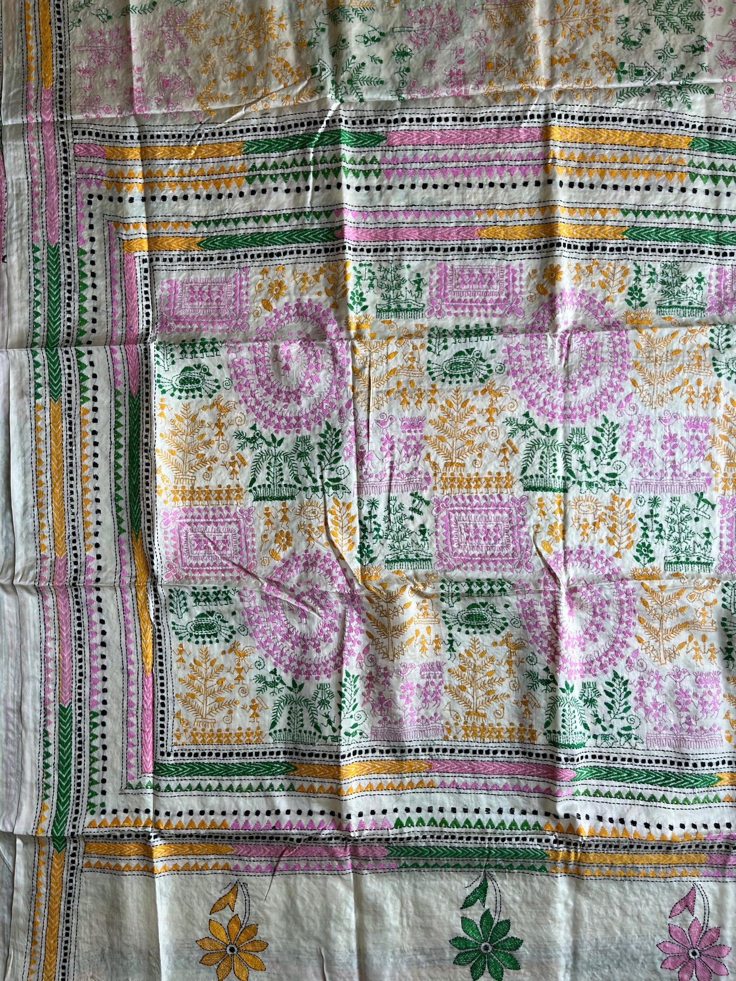 Kantha Stitch Hand Work Embroidered Art Silk Saree With Blouse