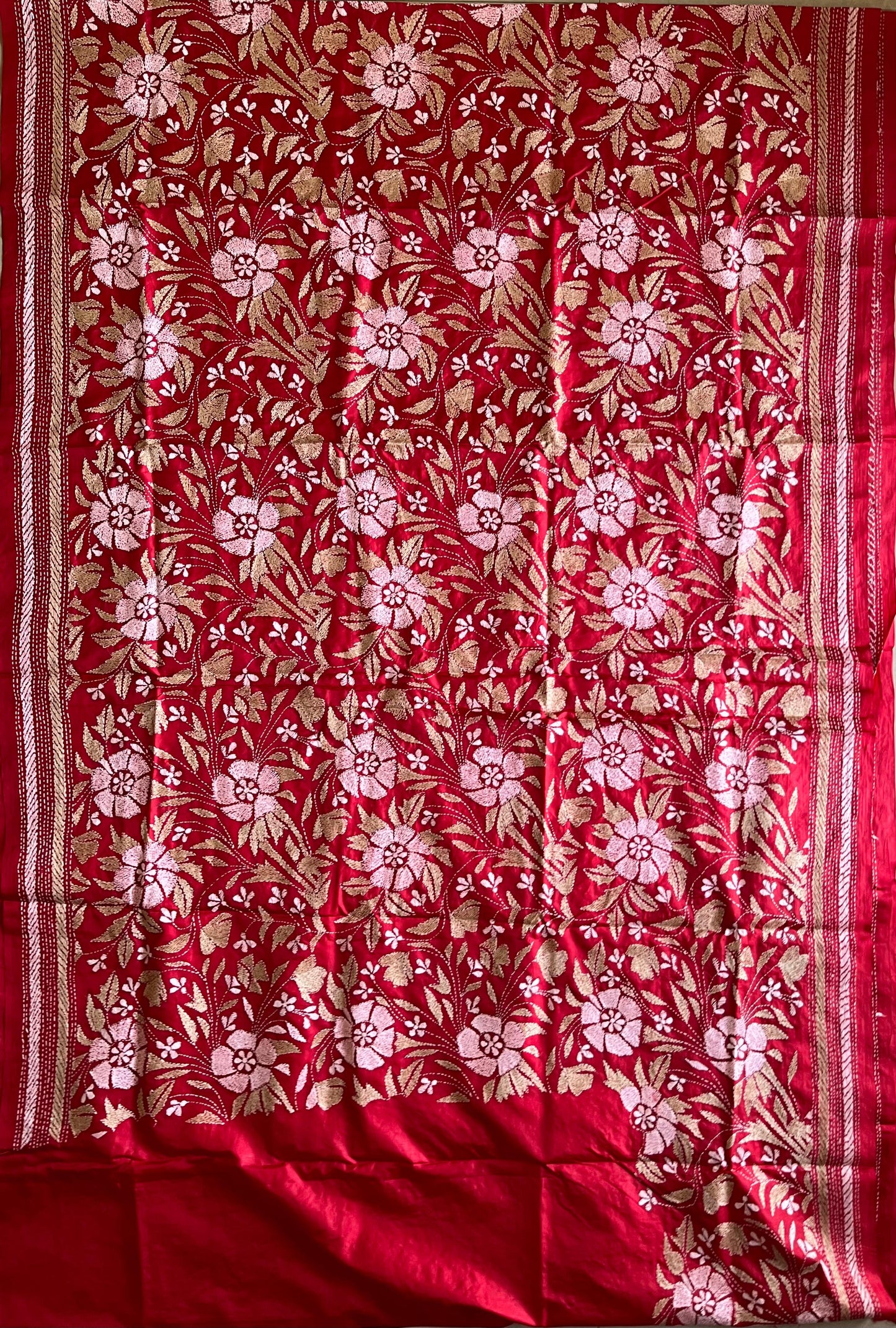 Red Kantha Stitch Hand Embroidered Pure Banglore Silk Saree (Silk Marked)