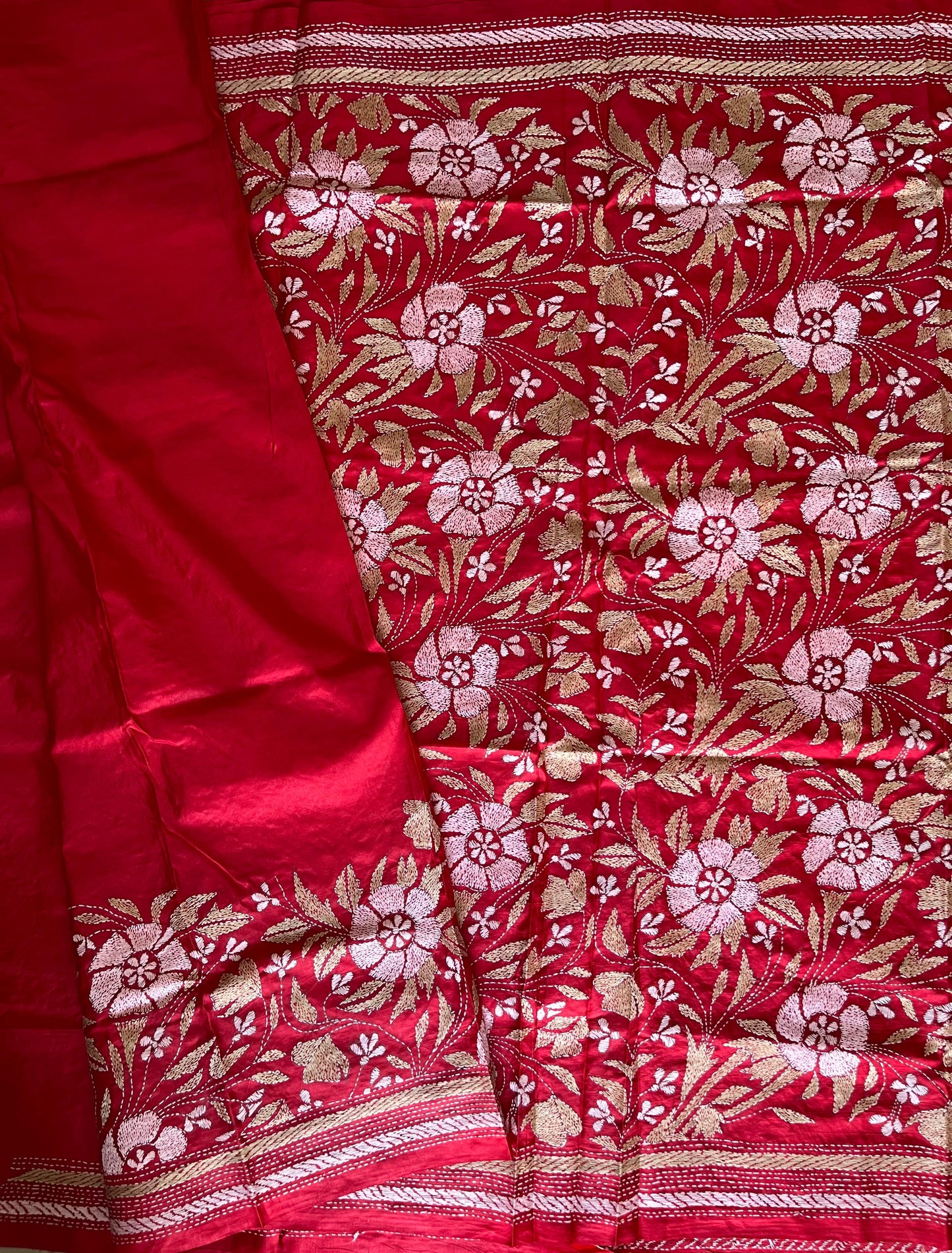 Red Kantha Stitch Hand Embroidered Pure Banglore Silk Saree (Silk Marked)