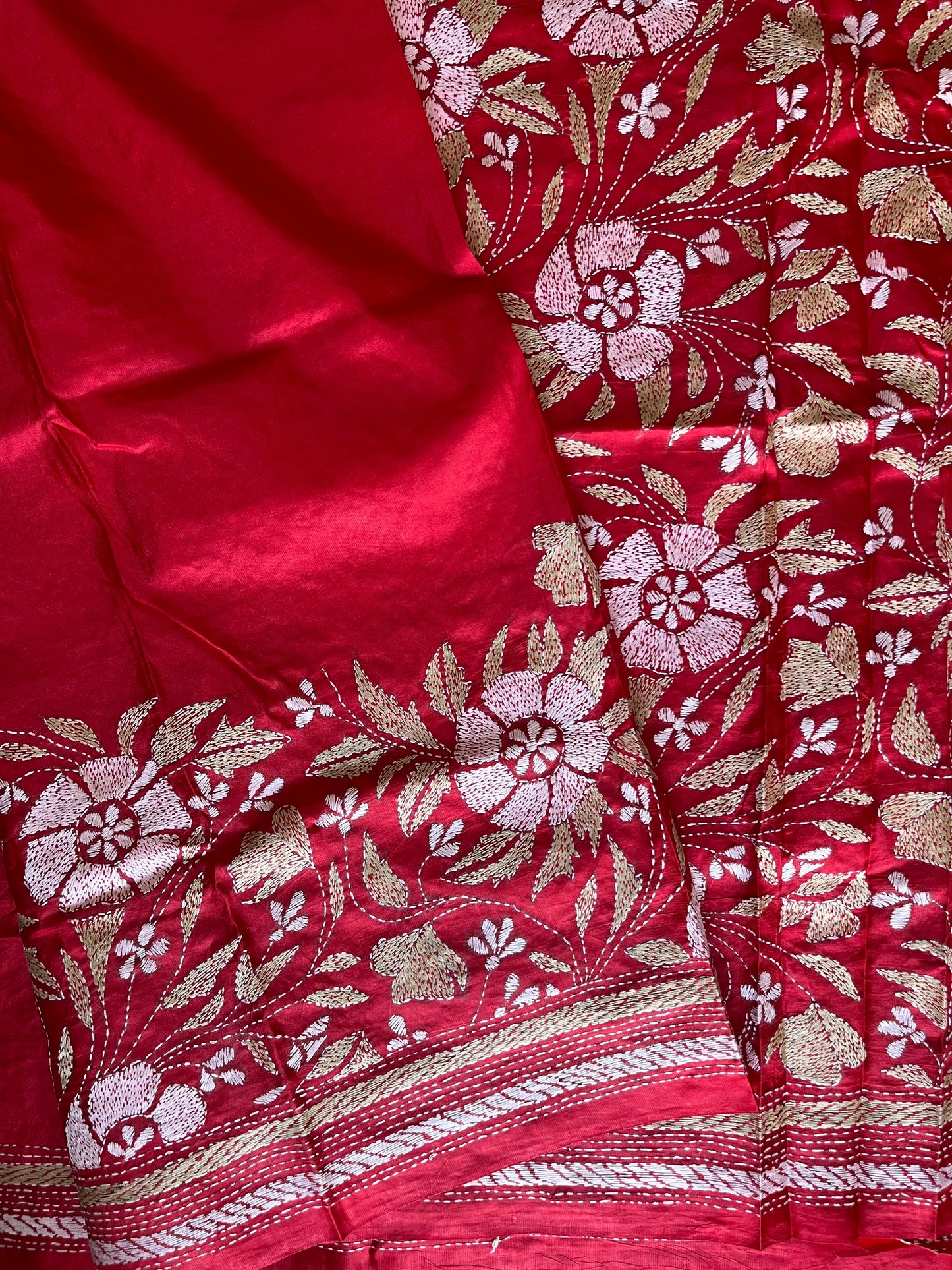 Red Kantha Stitch Hand Embroidered Pure Banglore Silk Saree (Silk Marked)