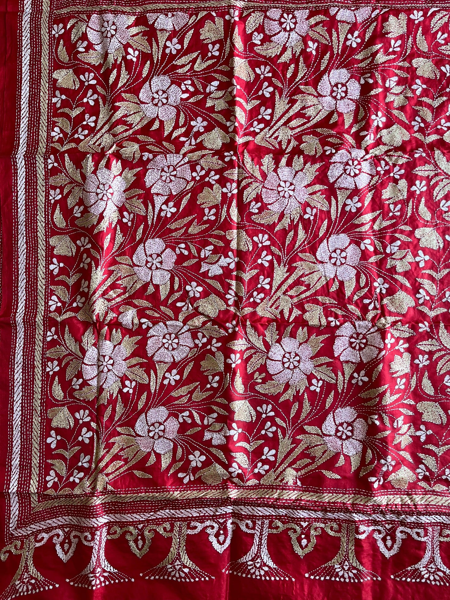 Red Kantha Stitch Hand Embroidered Pure Banglore Silk Saree (Silk Marked)