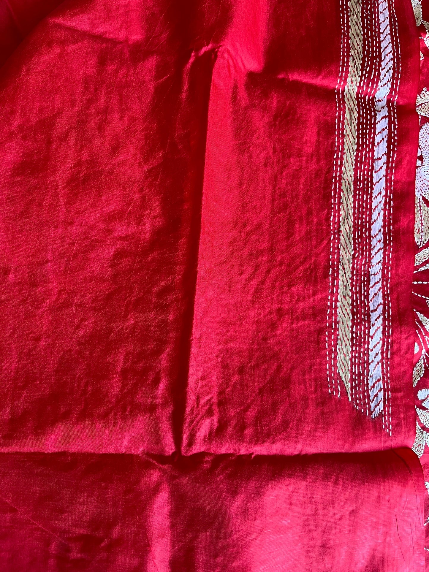 Red Kantha Stitch Hand Embroidered Pure Banglore Silk Saree (Silk Marked)