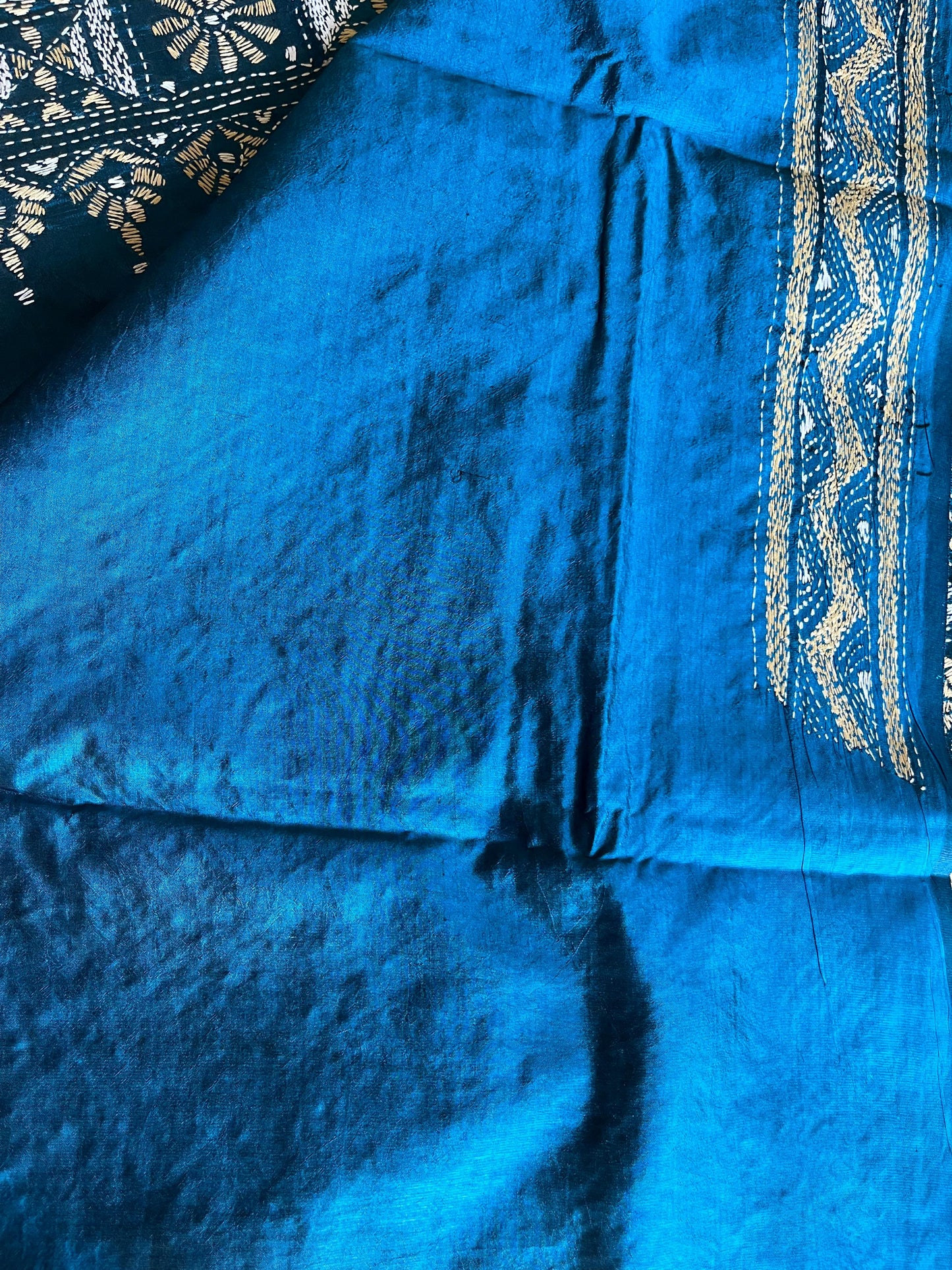 Kantha Stitch Hand Embroidered Pure Banglore Silk Saree (Silk Marked)