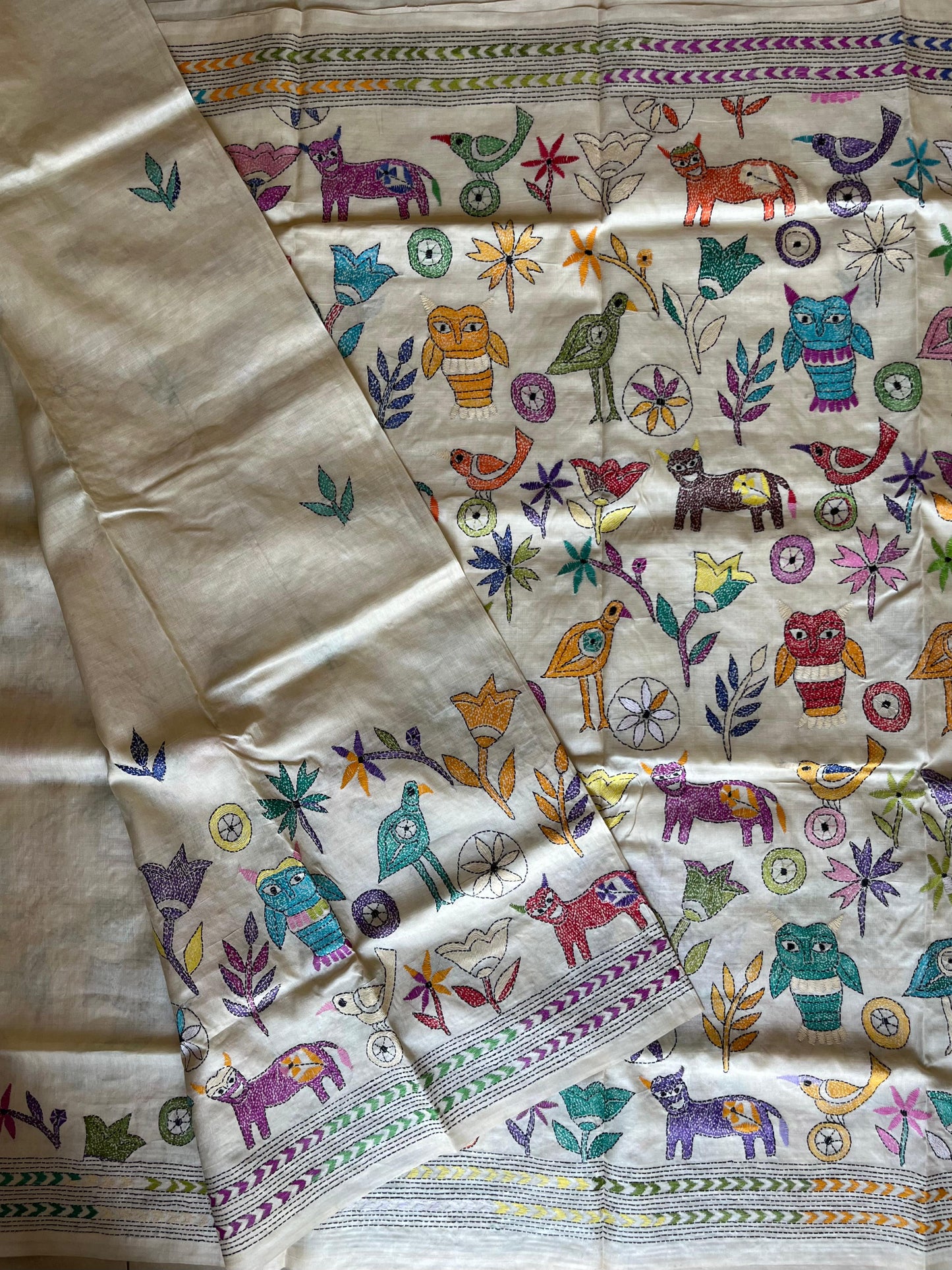 Kantha Stitch Hand Embroidered Pure Banglore Silk Saree (Silk Marked)