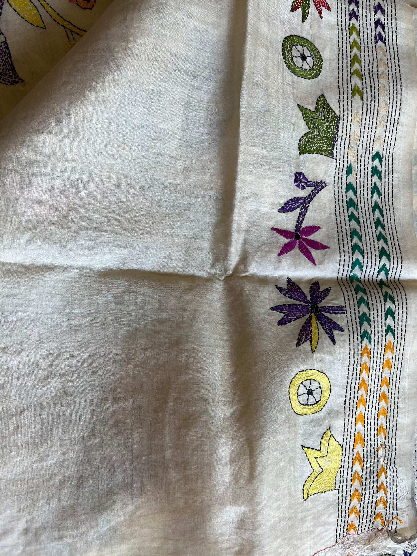 Kantha Stitch Hand Embroidered Pure Banglore Silk Saree (Silk Marked)