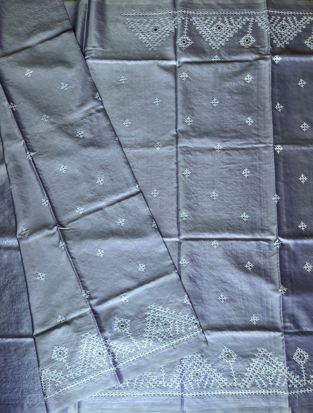 Light lavender Gujrati Stitch/Kutch Hand Embroidered Art Silk Saree