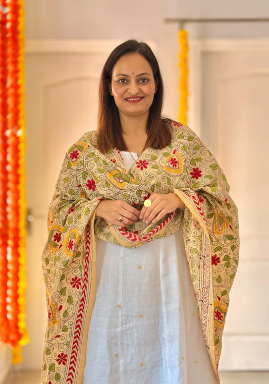 Kantha Hand Embroidary Full Work Semi Tusshar Silk Dupatta 36”