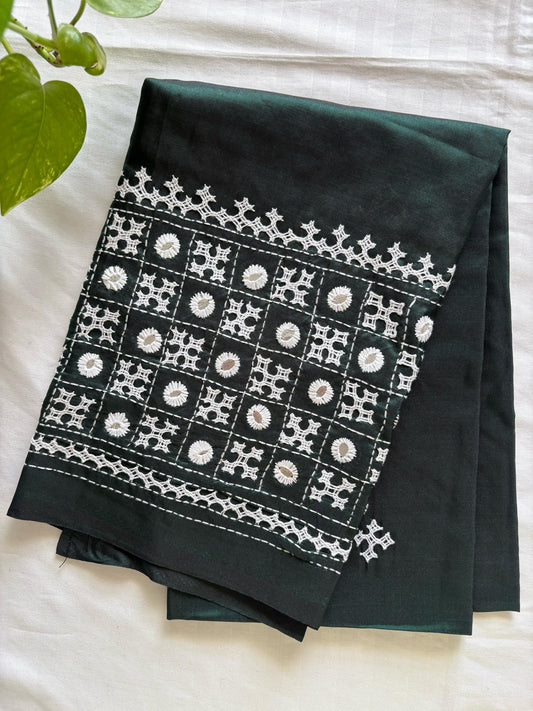 Bottle Green Gujrati work blouse pieces in art silk 1 mtr