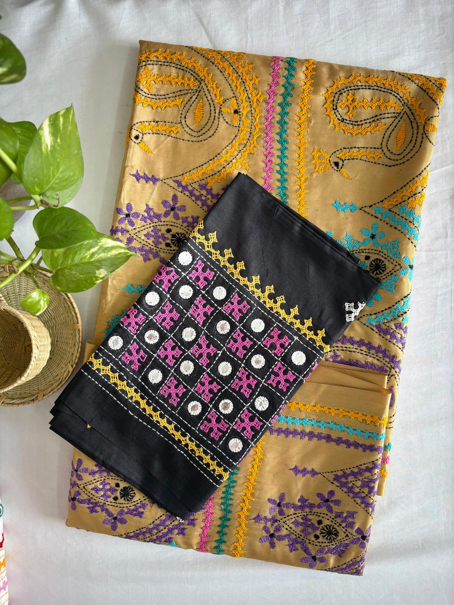 Beige Kutch Hand Embroidered Blended Banglore Silk/Art Silk Saree