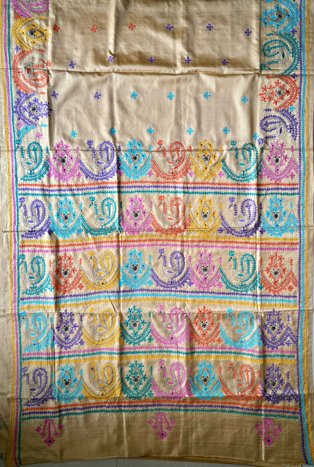 Beige Kutch Hand Embroidered Blended Banglore Silk/Art Silk Saree