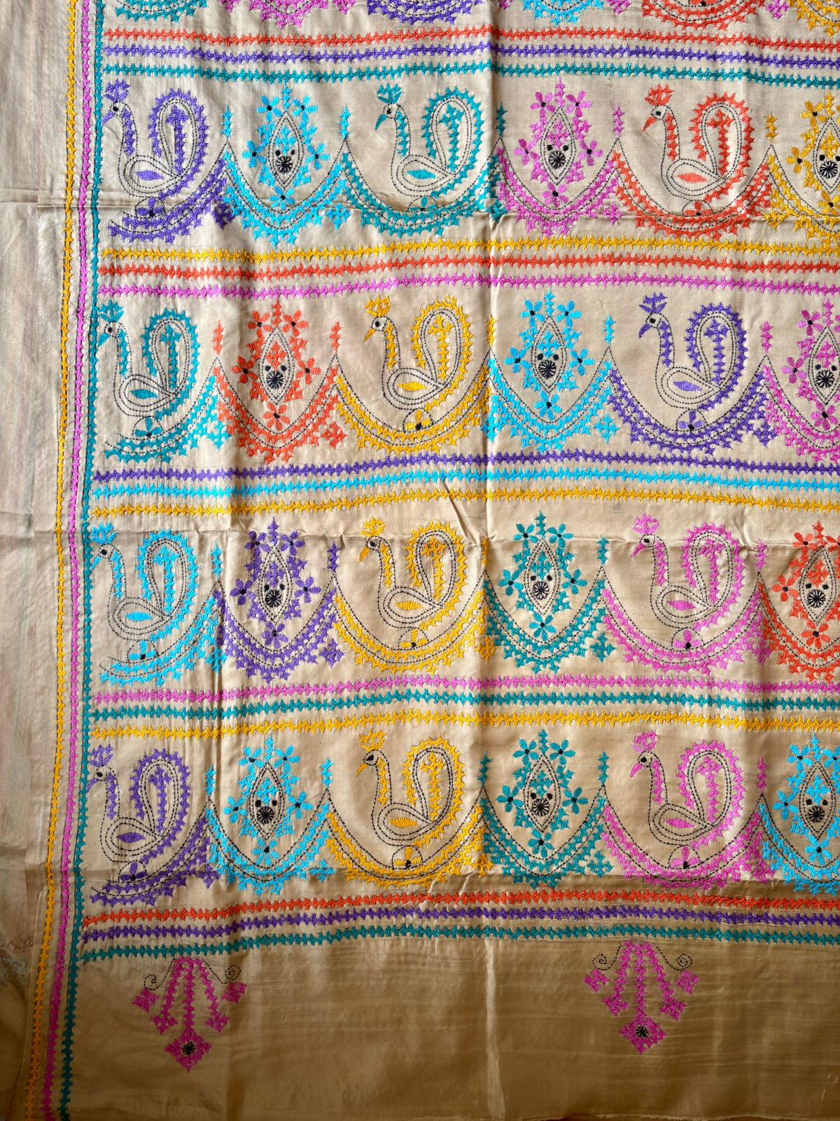 Beige Kutch Hand Embroidered Blended Banglore Silk/Art Silk Saree