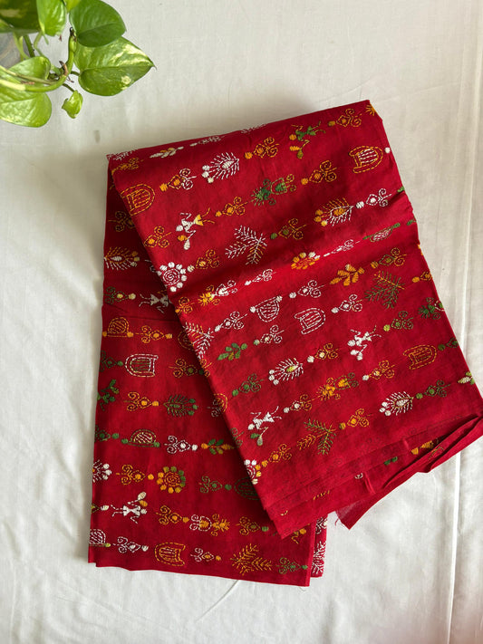 Kantha Hand Embroidary Full Work Pure Cotton Dupatta-Red “36”