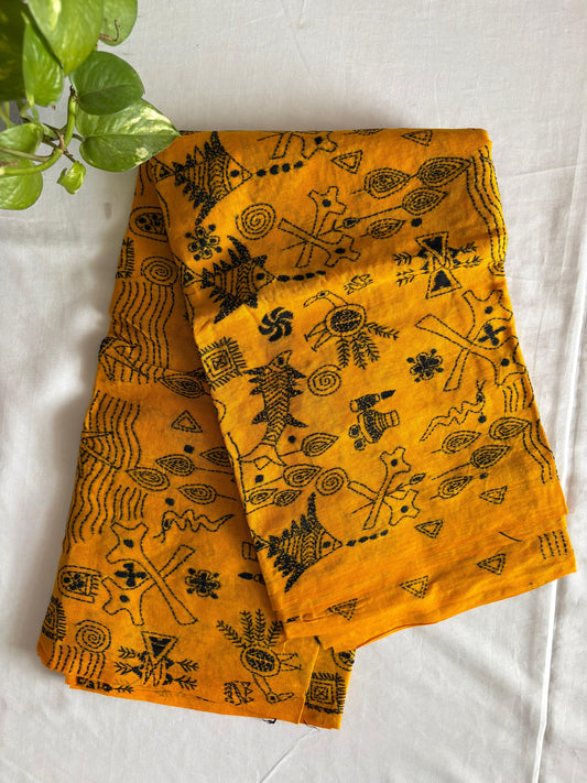 Kantha Hand Embroidary Full Work Pure Cotton Dupatta-Yellow “36”