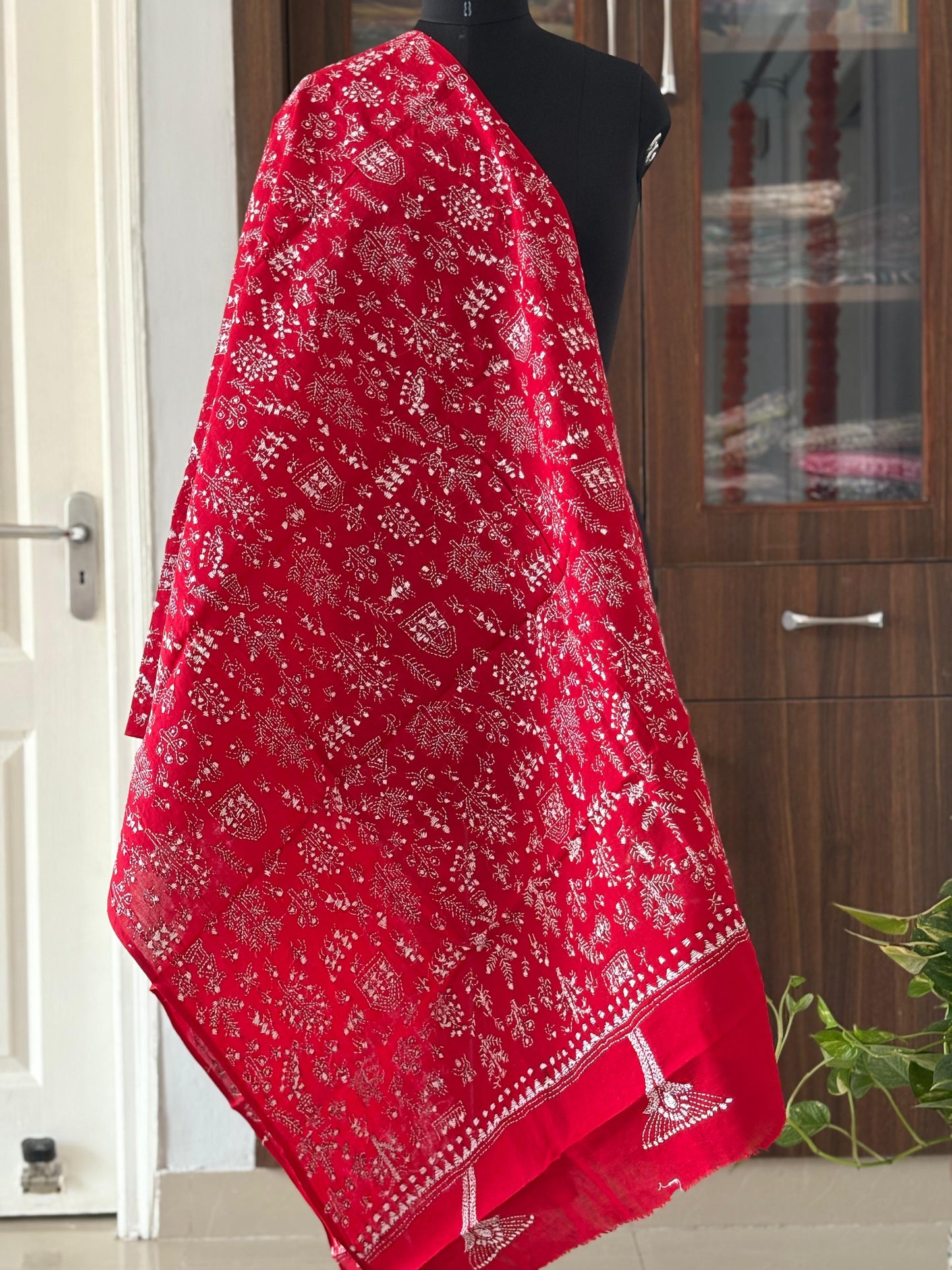 Kantha Hand Embroidary Full Work Pure Cotton Dupatta-Red “36”