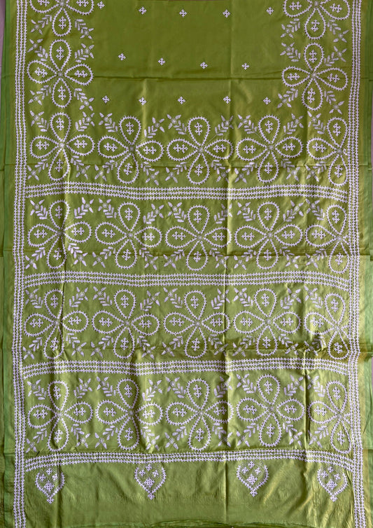 Gujrati Stitch/Kutch Hand Embroidered Art Silk Saree - Green