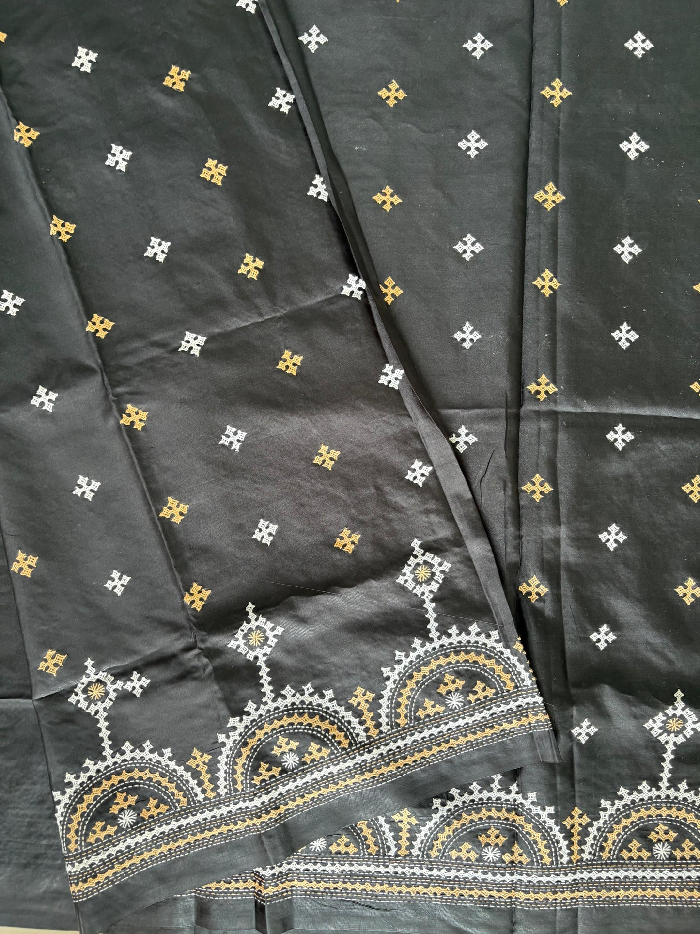 Gujrati Stitch/Kutch Hand Embroidered Art Silk Saree - Black