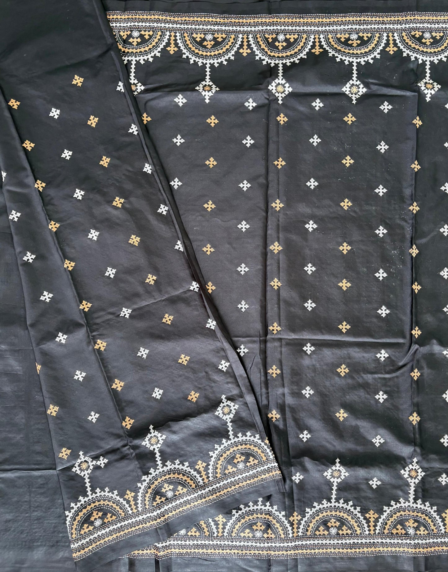 Gujrati Stitch/Kutch Hand Embroidered Art Silk Saree - Black
