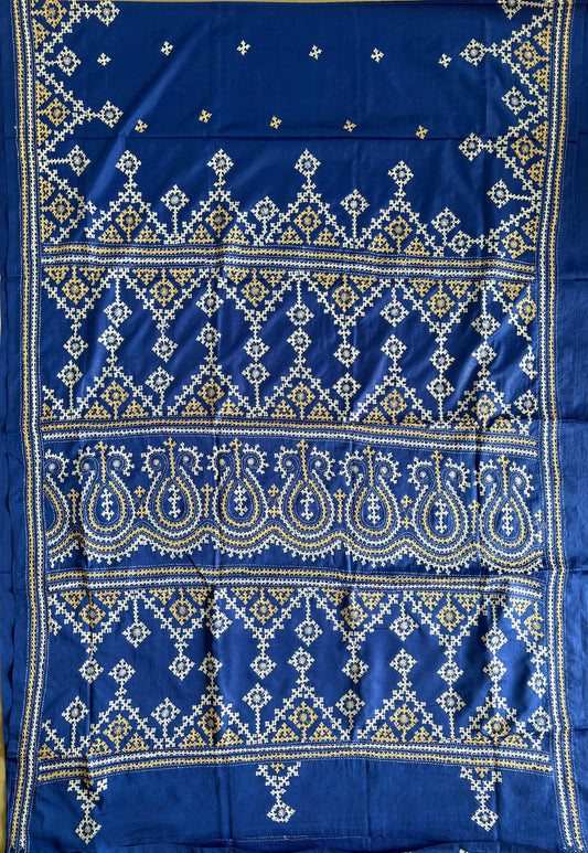 Gujrati Stitch/Kutch Hand Embroidered Art Silk Saree - Navy Blue