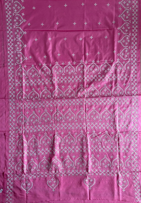 Gujrati Stitch/Kutch Hand Embroidered Art Silk Saree - Pink