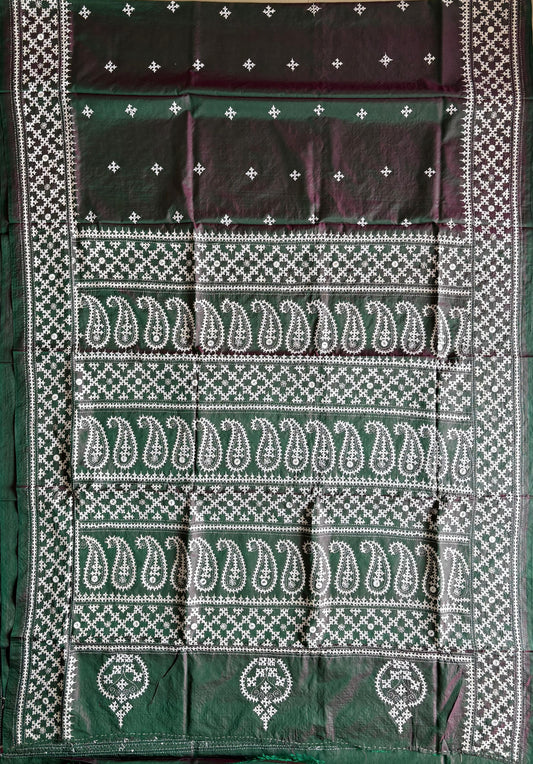 Gujrati Stitch/Kutch Hand Embroidered Art Silk Saree - Green