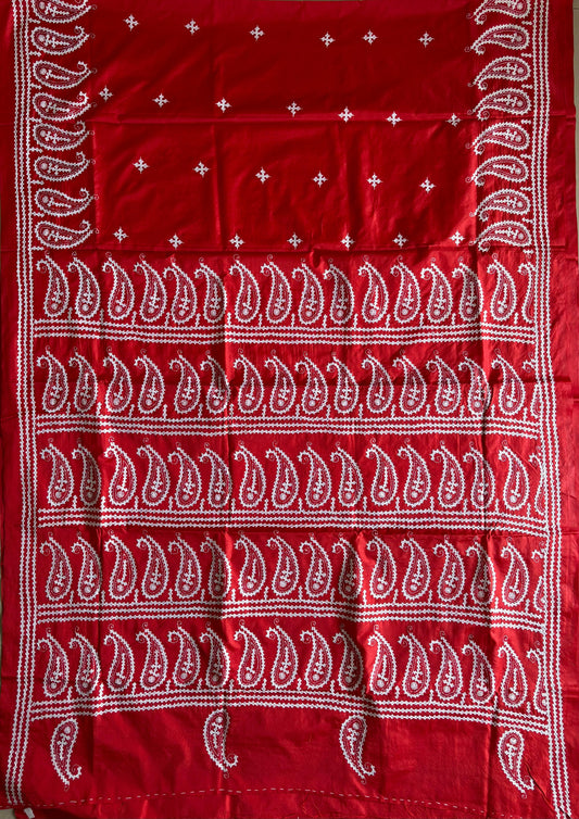 Gujrati Stitch/Kutch Hand Embroidered Art Silk Saree - Red