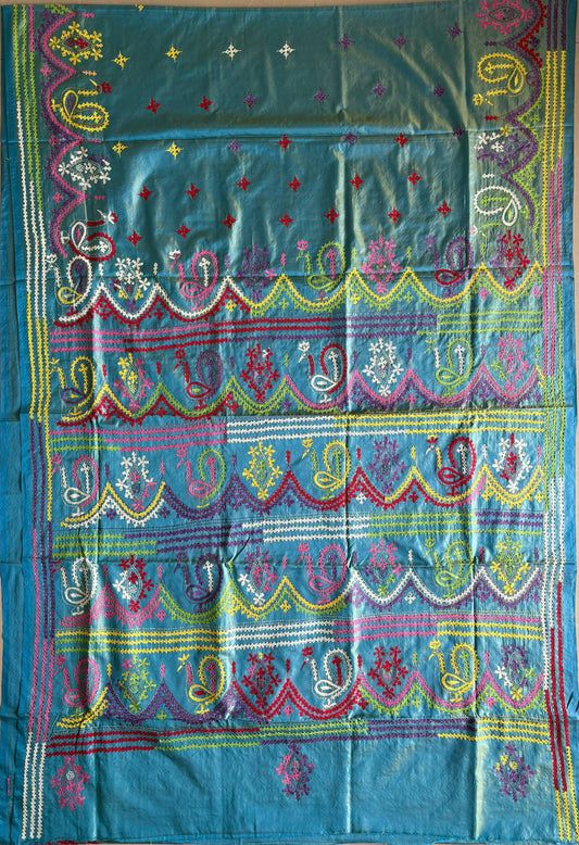 Gujrati Stitch/Kutch Hand Embroidered Art Silk Saree