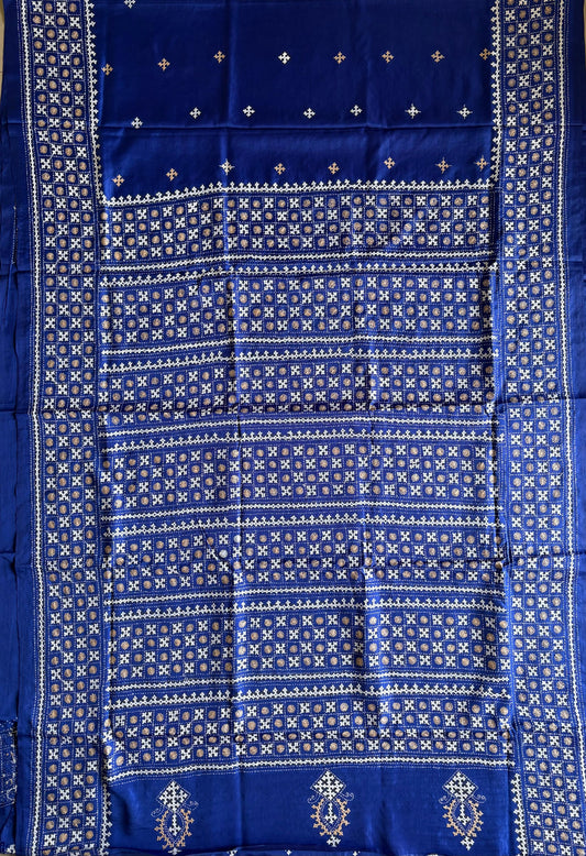 Gujrati Stitch/Kutch Hand Embroidered Art Silk Saree - Navy Blue