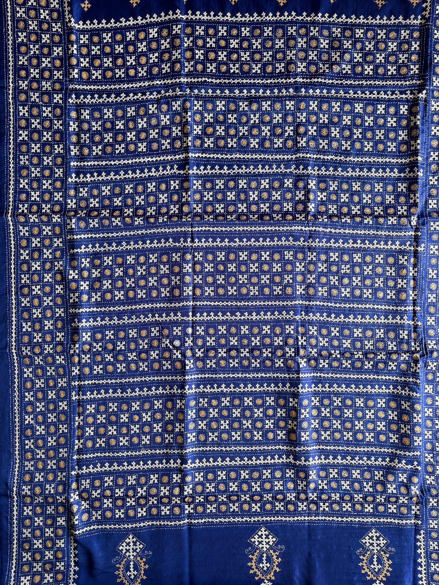 Gujrati Stitch/Kutch Hand Embroidered Art Silk Saree - Navy Blue