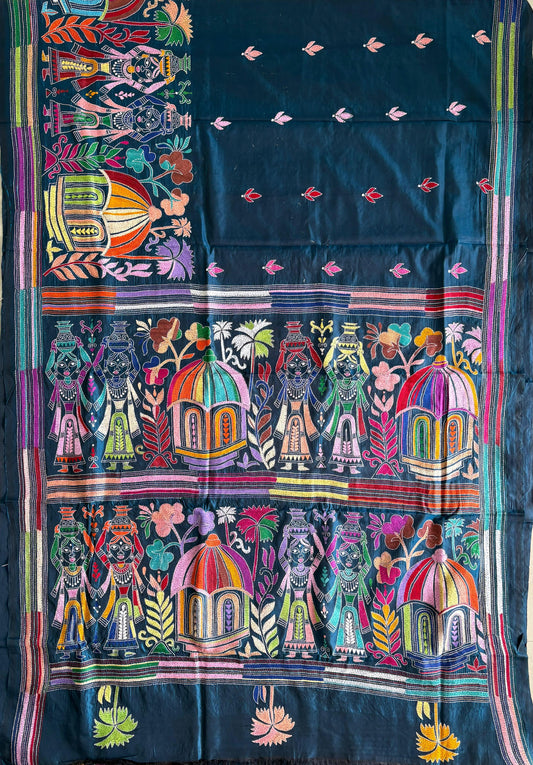 Kantha Hand Embroidered Blended Banglore Silk/Art Silk Saree With Blouse