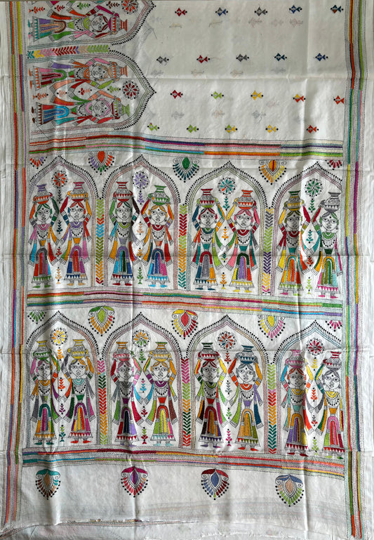 Kantha Hand Embroidered Blended Banglore Silk/Art Silk Saree With Blouse