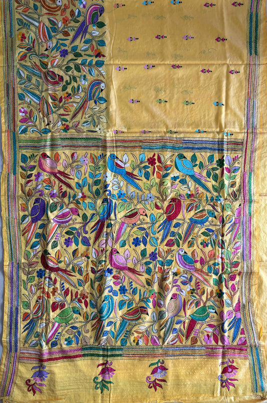 Kantha Hand Embroidered Blended Banglore Silk/Art Silk Saree With Blouse