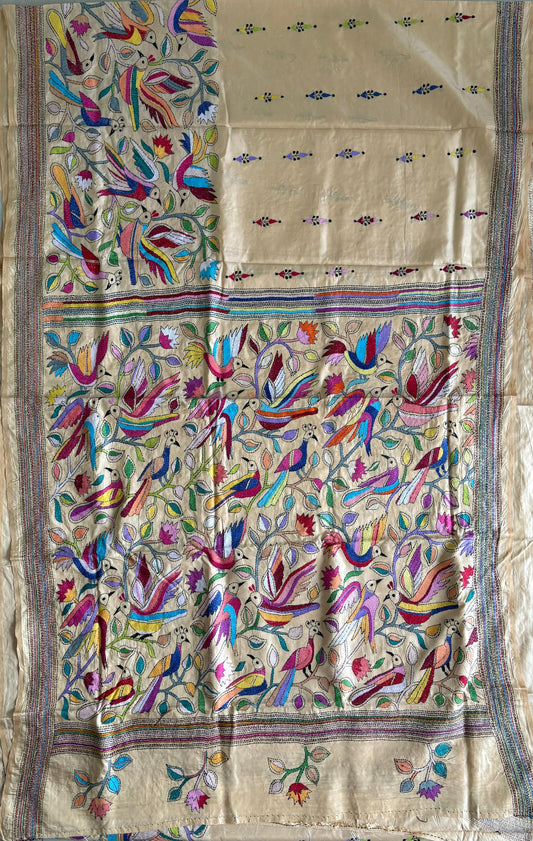 Kantha Hand Embroidered Blended Banglore Silk/Art Silk Saree With Blouse