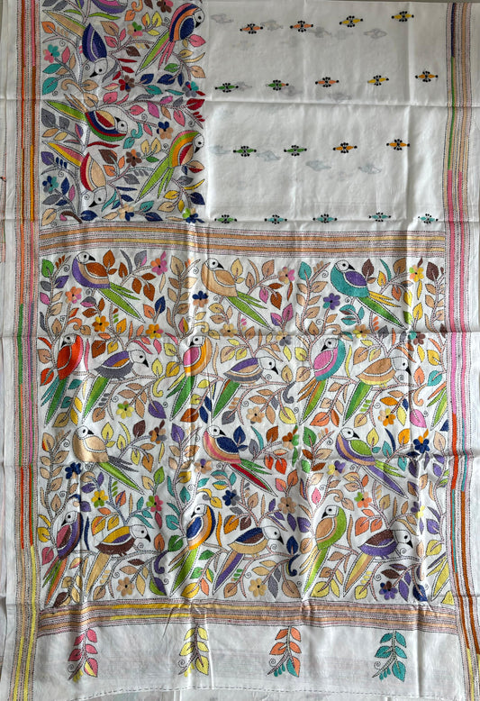 Kantha Hand Embroidered Blended Banglore Silk/Art Silk Saree With Blouse - Off White
