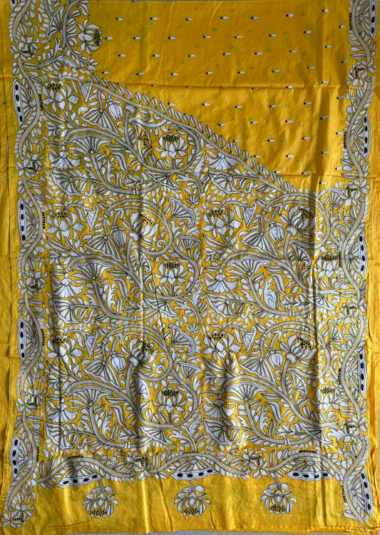 Kantha Hand Embroidered Blended Banglore Silk/Art Silk Saree With Blouse - Yellow