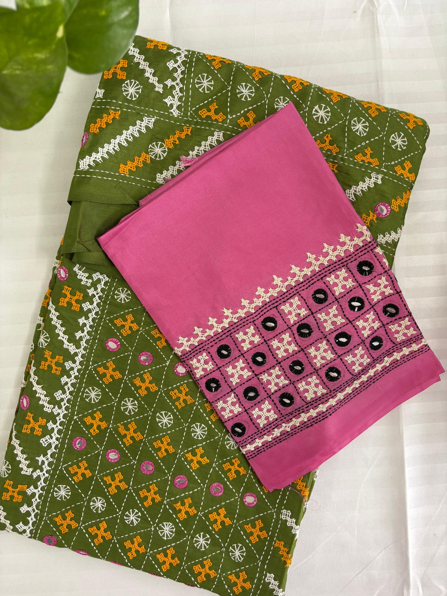 Green Gujrati Stitch/Kutch Hand Embroidered Art Silk Saree
