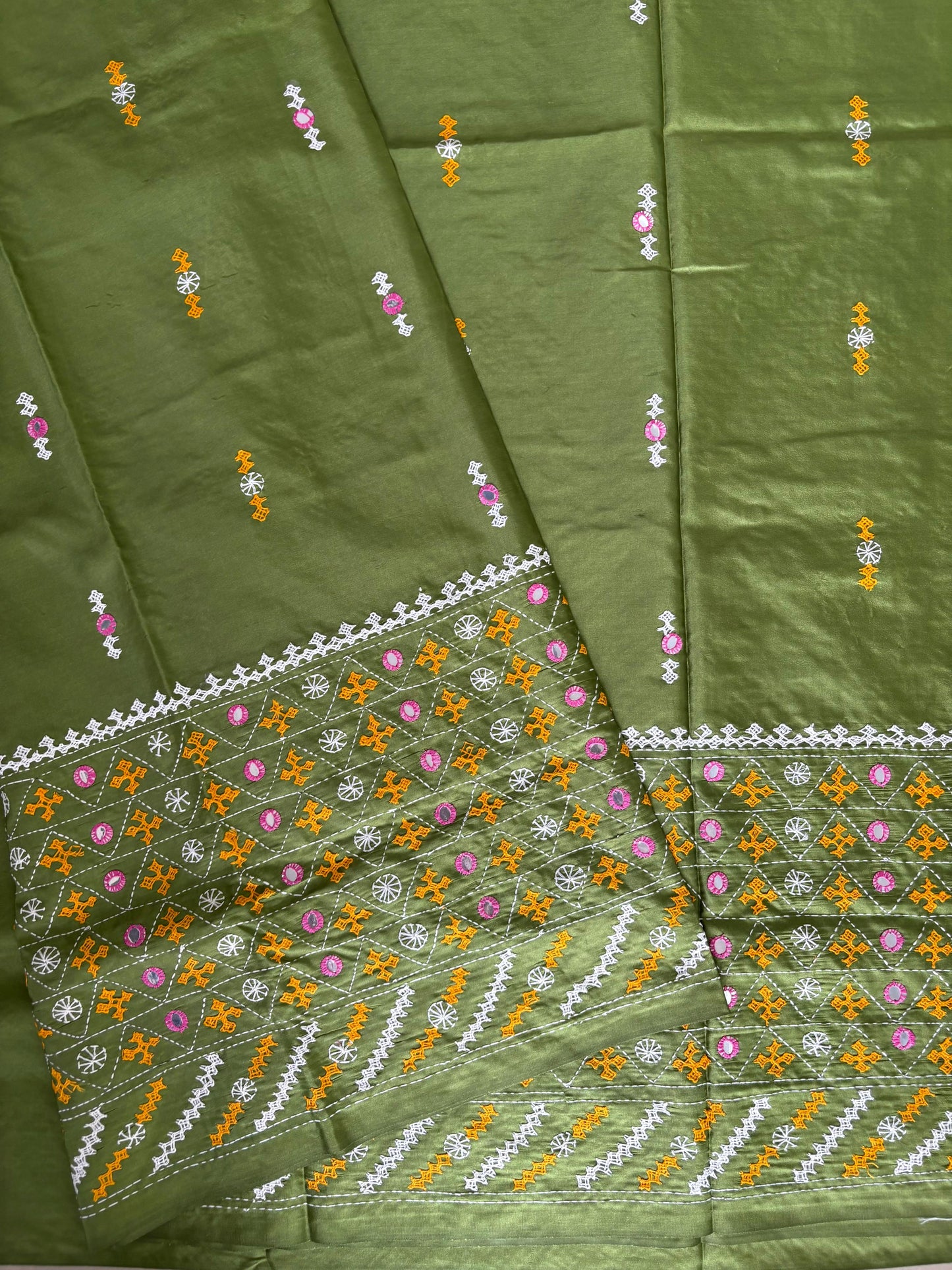 Green Gujrati Stitch/Kutch Hand Embroidered Art Silk Saree