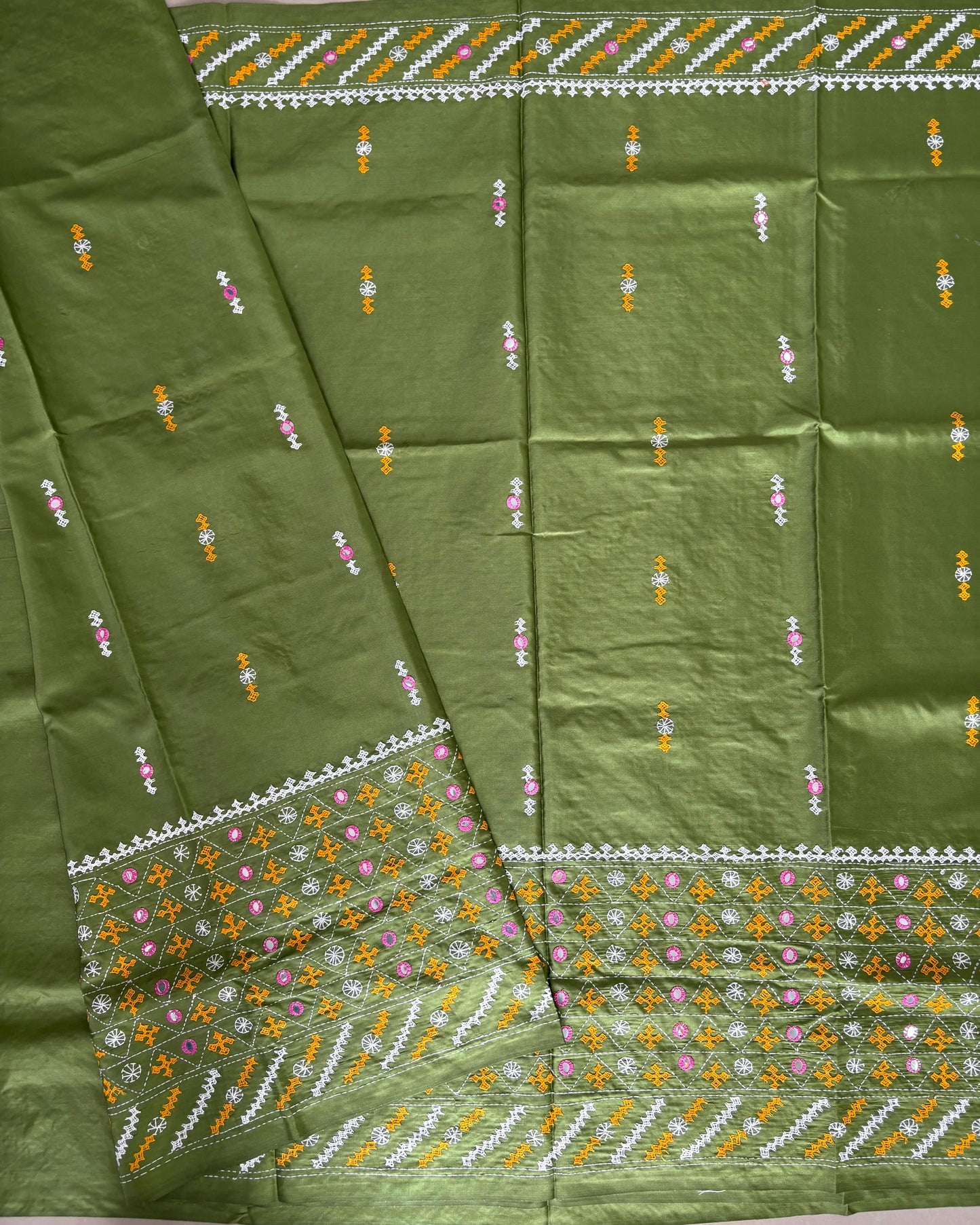 Green Gujrati Stitch/Kutch Hand Embroidered Art Silk Saree