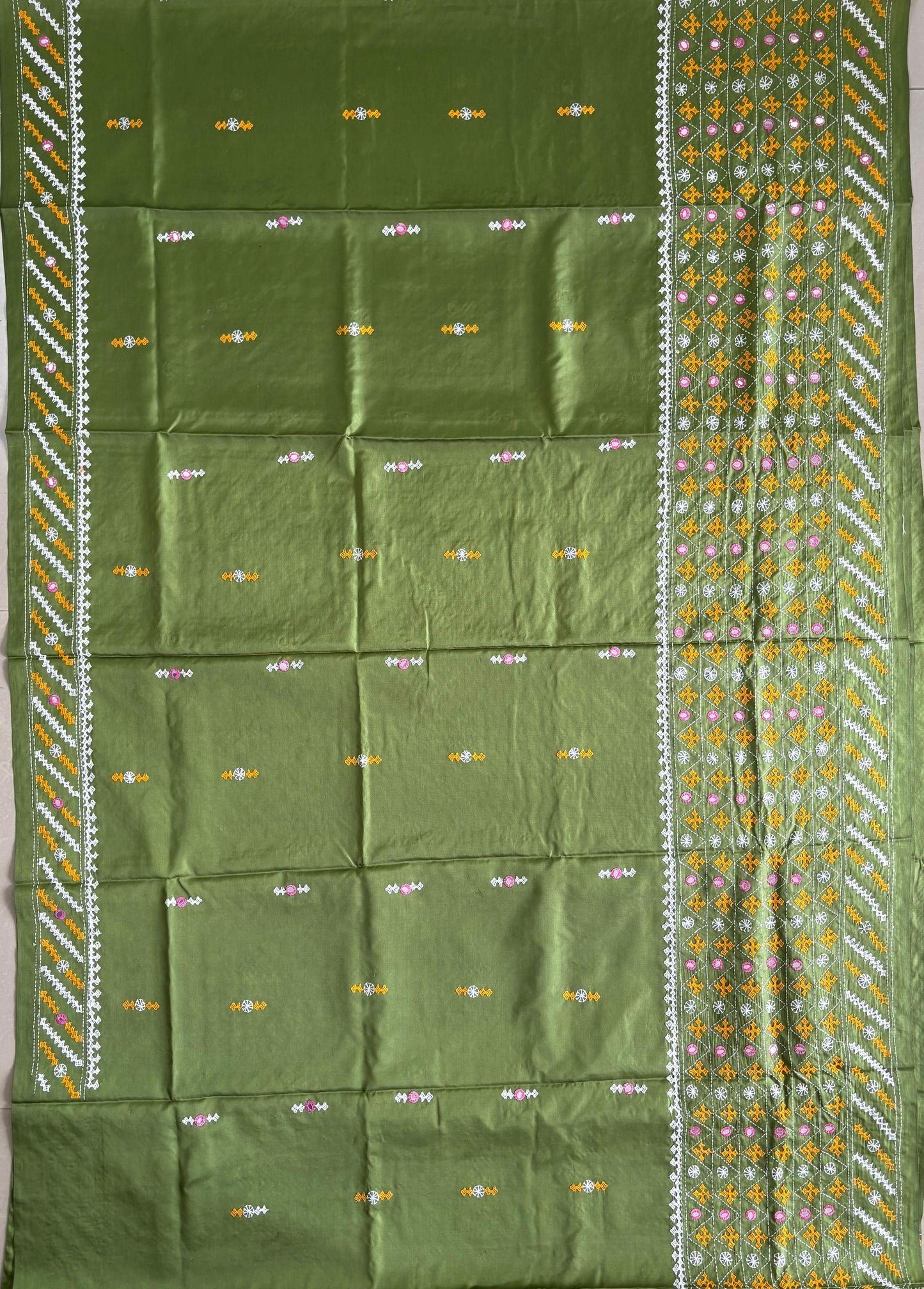 Green Gujrati Stitch/Kutch Hand Embroidered Art Silk Saree