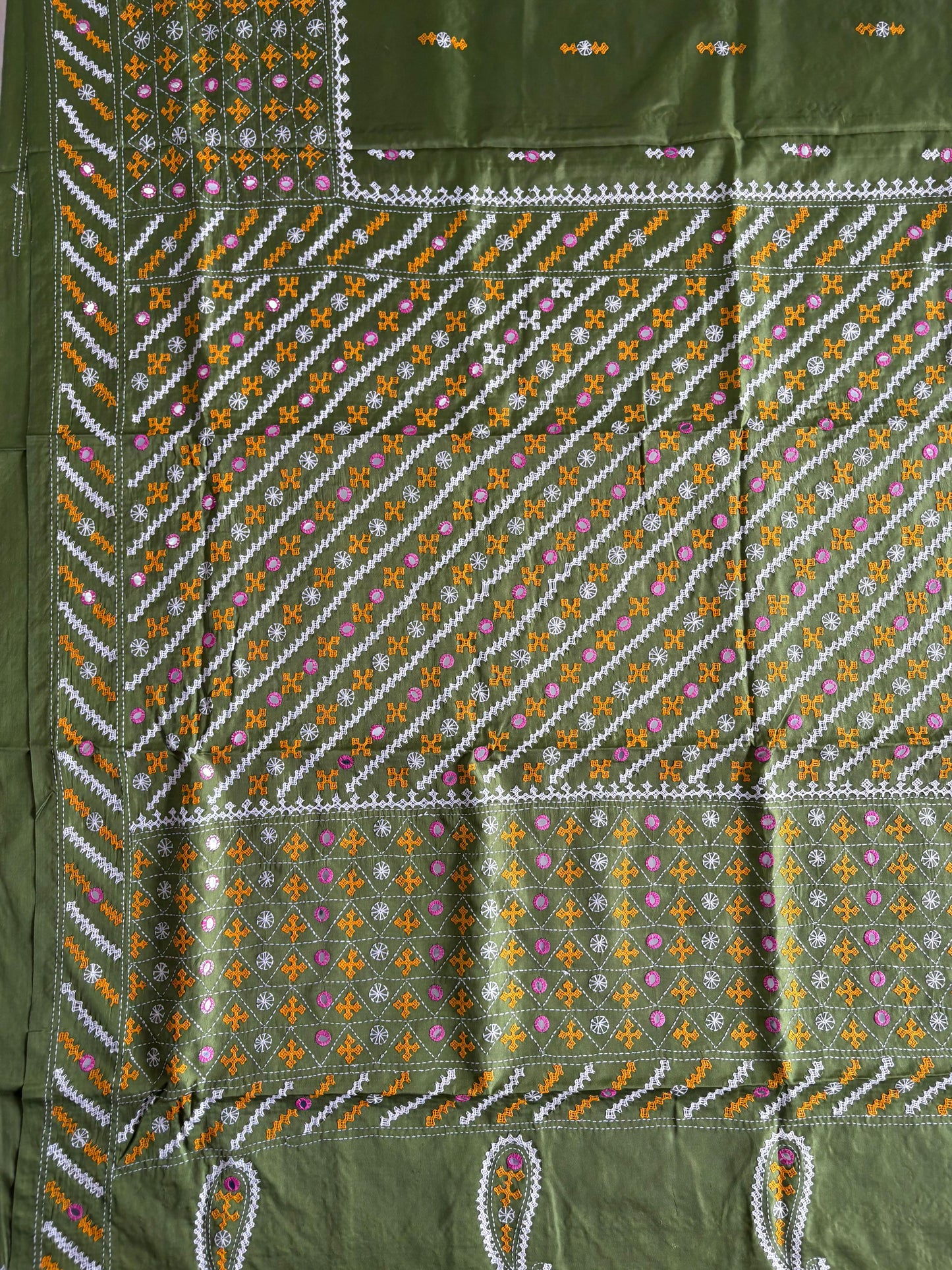 Green Gujrati Stitch/Kutch Hand Embroidered Art Silk Saree